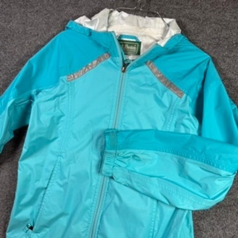 LL Bean Windbreaker Jacket Womens Small Teal Aqua Reflective Hooded Full Zip